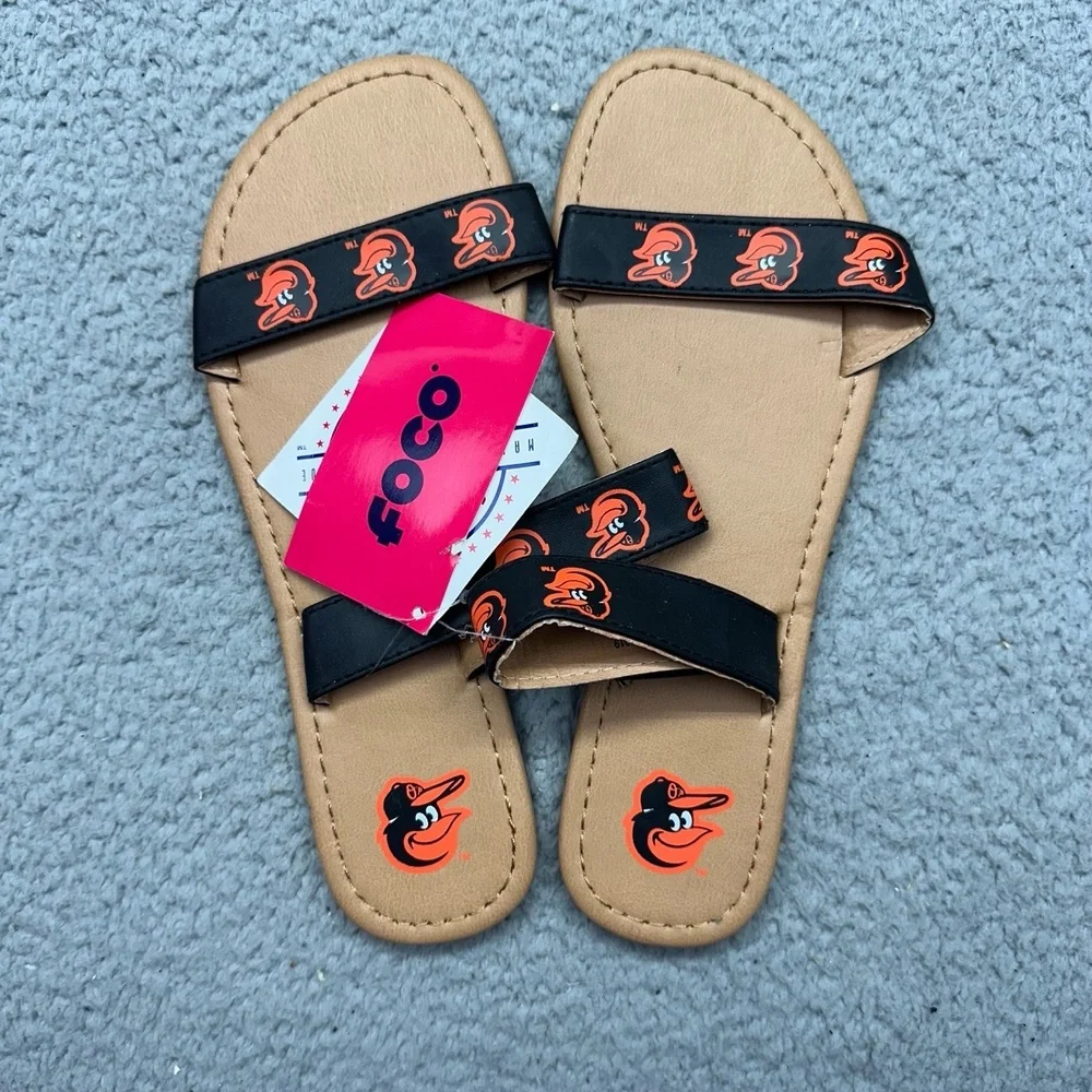 NWT FOCO PINC1118-00001 MLB Baltimore Orioles Womens Medium Sz 7-8 Black Sandals